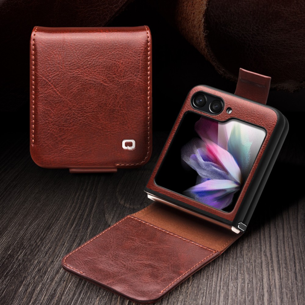 Samsung Galaxy Z Flip6 Case Hülle - Flip Qialino Echtleder mit magnetischem Verschluss - Dunkelbraun