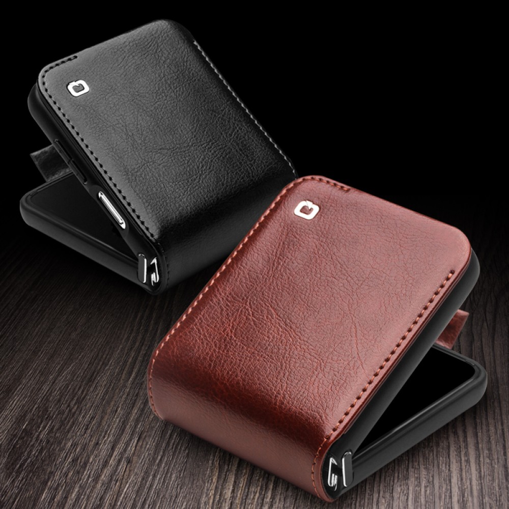 Samsung Galaxy Z Flip6 Case Hülle - Flip Qialino Echtleder mit magnetischem Verschluss - Dunkelbraun