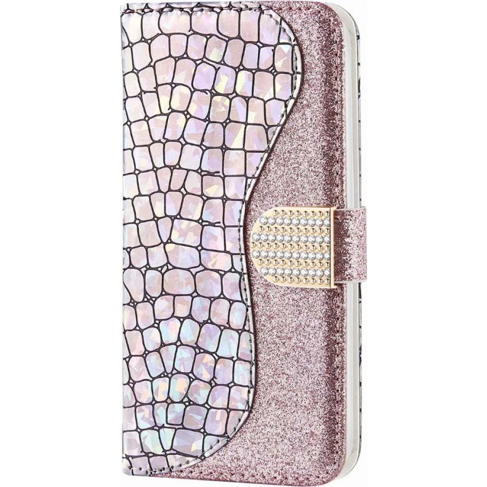 Hülle iPhone 12 mini - Flip Croco Strass  - Rosa