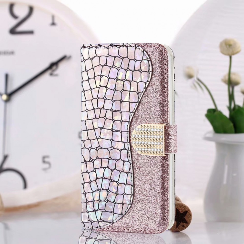 Hülle iPhone 12 mini - Flip Croco Strass  - Rosa