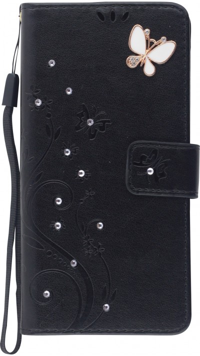 Hülle iPhone 12 / 12 Pro - Flip Schmetterling Strass - Schwarz