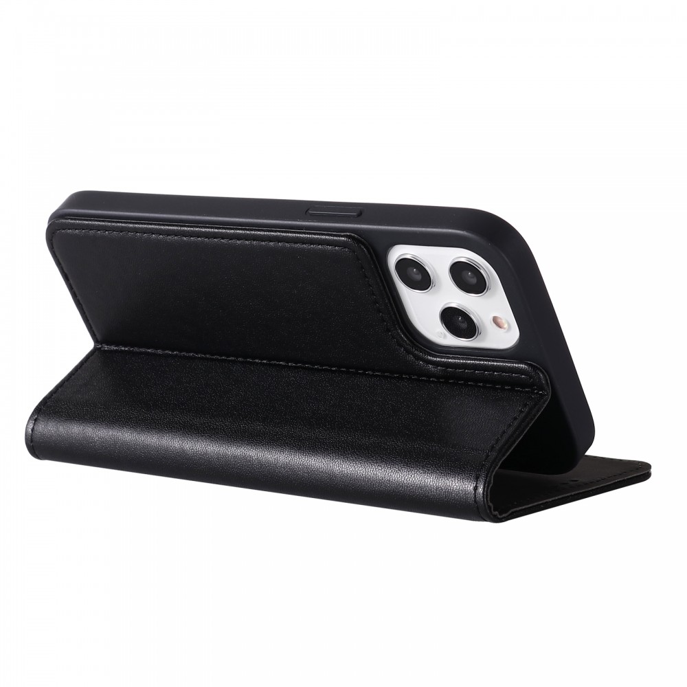 iPhone 12 / 12 Pro Case Hülle - GEBEi Kala Serie Luxus in echtem Leder, Kartenhalter, Videohalter - Schwarz