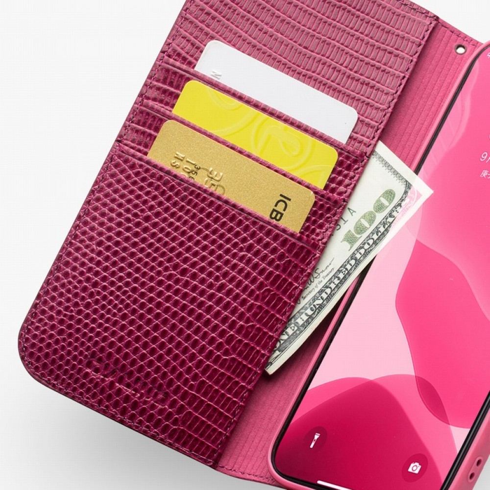 iPhone 15 Pro Max Case Hülle - Qialino Croco Flip Echtleder - Rosa