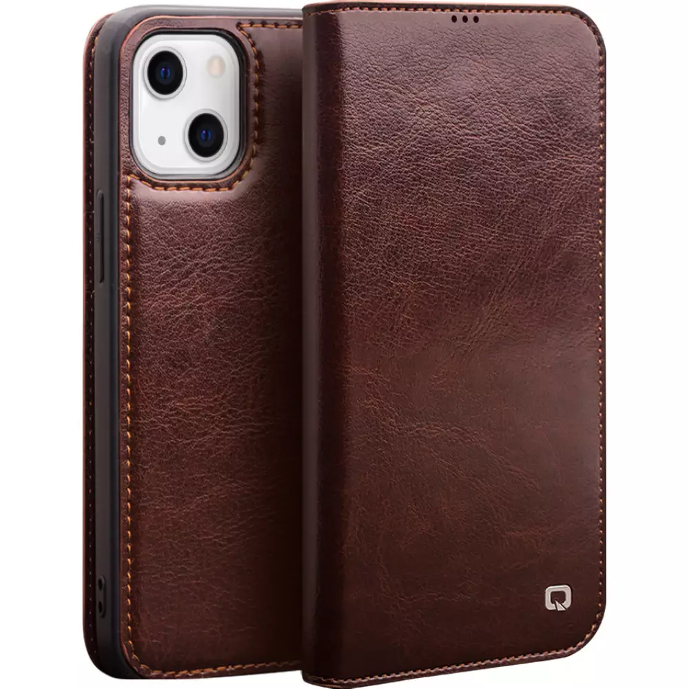 Fourre iPhone 15 Plus - Flip Qialino Classic Wallet cuir véritable - Brun