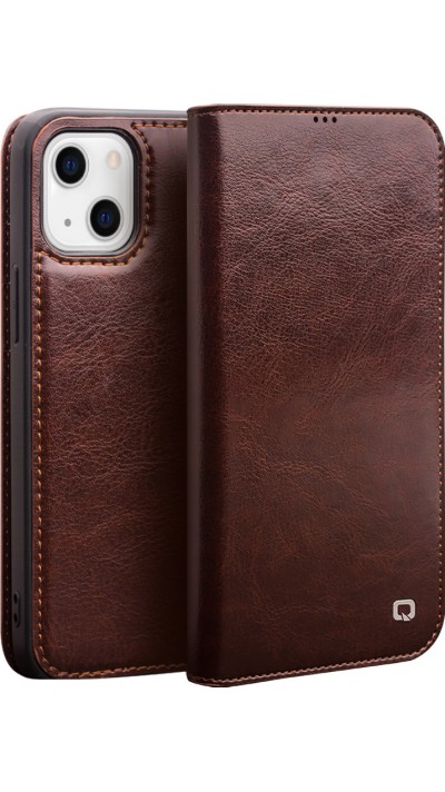 iPhone 14 Plus Case Hülle - Qialino Flip Echtleder - Braun