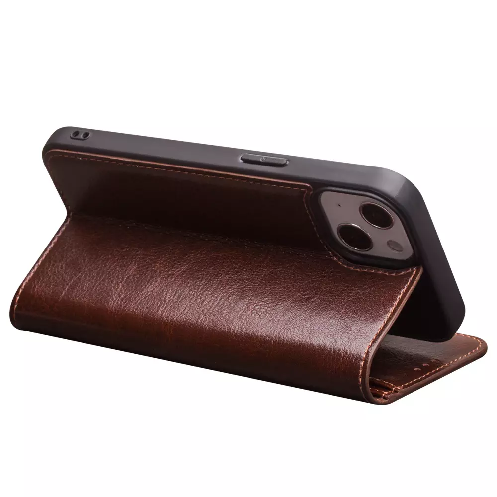 Fourre iPhone 15 Plus - Flip Qialino Classic Wallet cuir véritable - Brun
