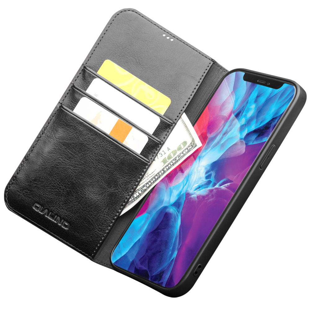 iPhone 14 Case Hülle - Qialino Flip Echtleder - Schwarz