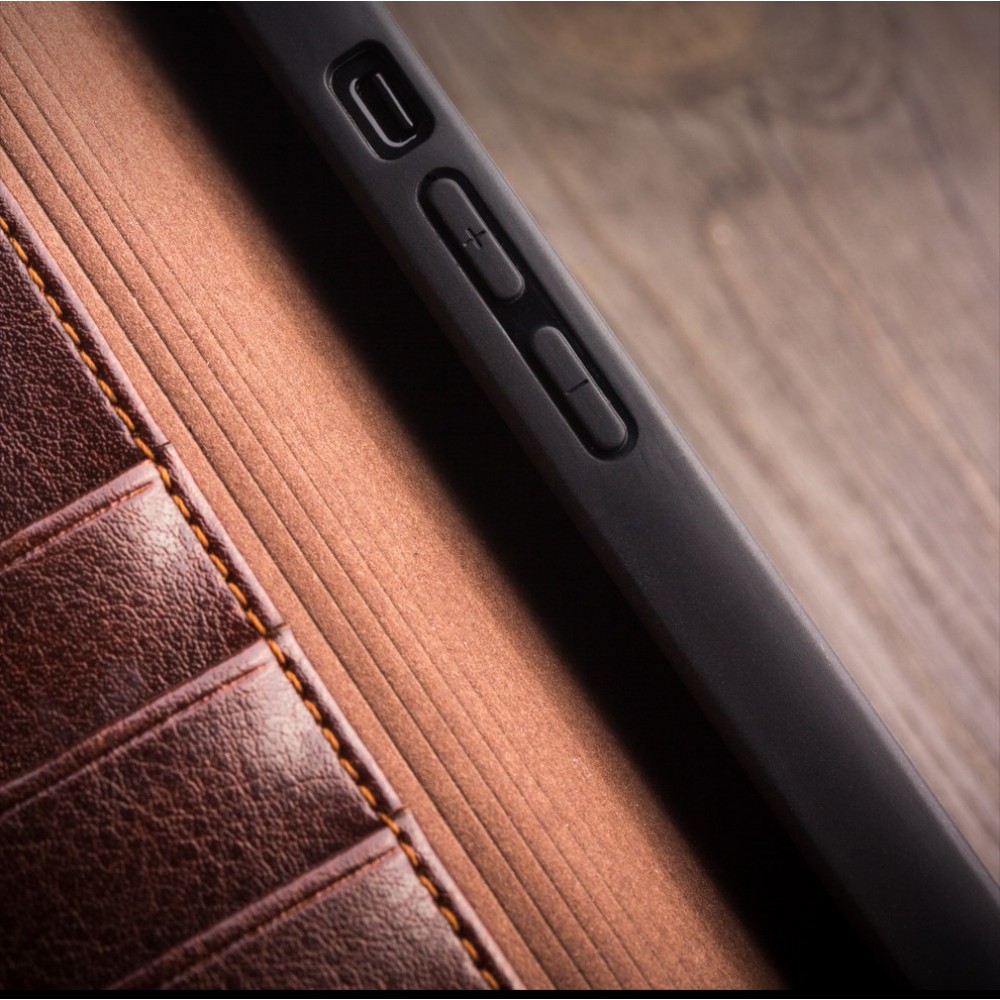 iPhone 14 Case Hülle - Qialino Flip Echtleder - Schwarz