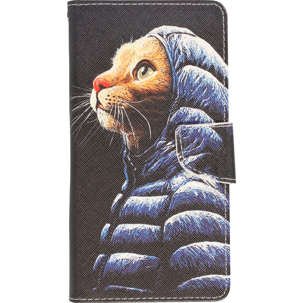 iPhone 13 Case Hülle - Premium Wallet Flip-Magnetverschluss und Kartenfach - Katze in Jacke - Schwarz