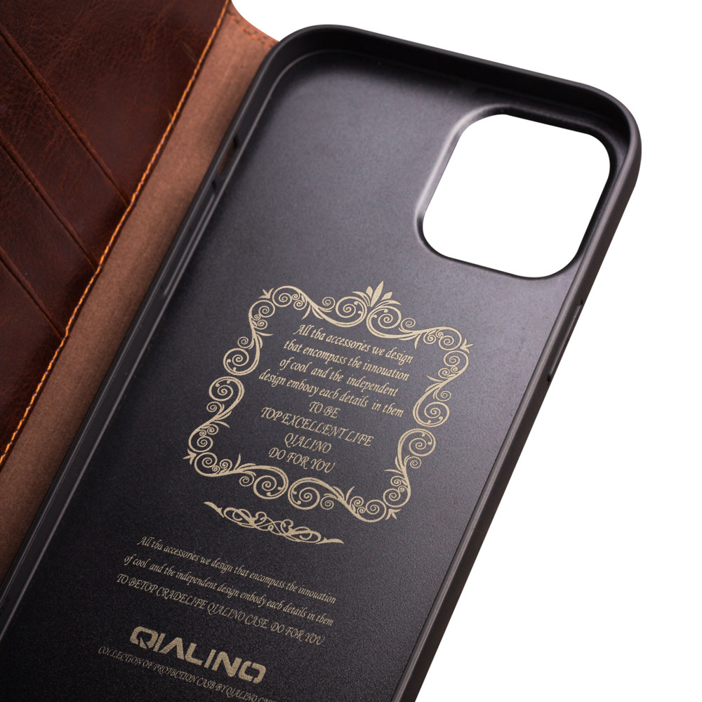 iPhone 14 Pro Max Case Hülle - Qialino Flip Echtleder - Braun