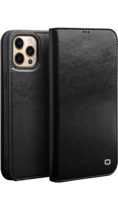 iPhone 15 Pro Case Hülle - Qialino Flip Echtleder - Schwarz