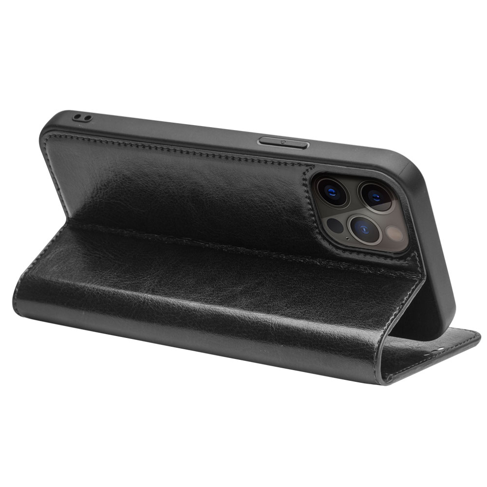 iPhone 14 Pro Case Hülle - Qialino Flip Echtleder - Schwarz