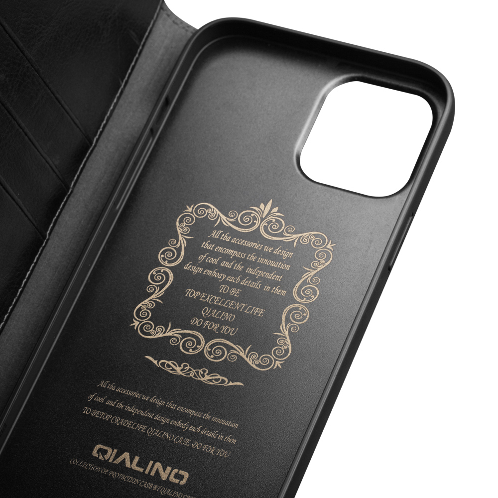 iPhone 14 Pro Case Hülle - Qialino Flip Echtleder - Schwarz