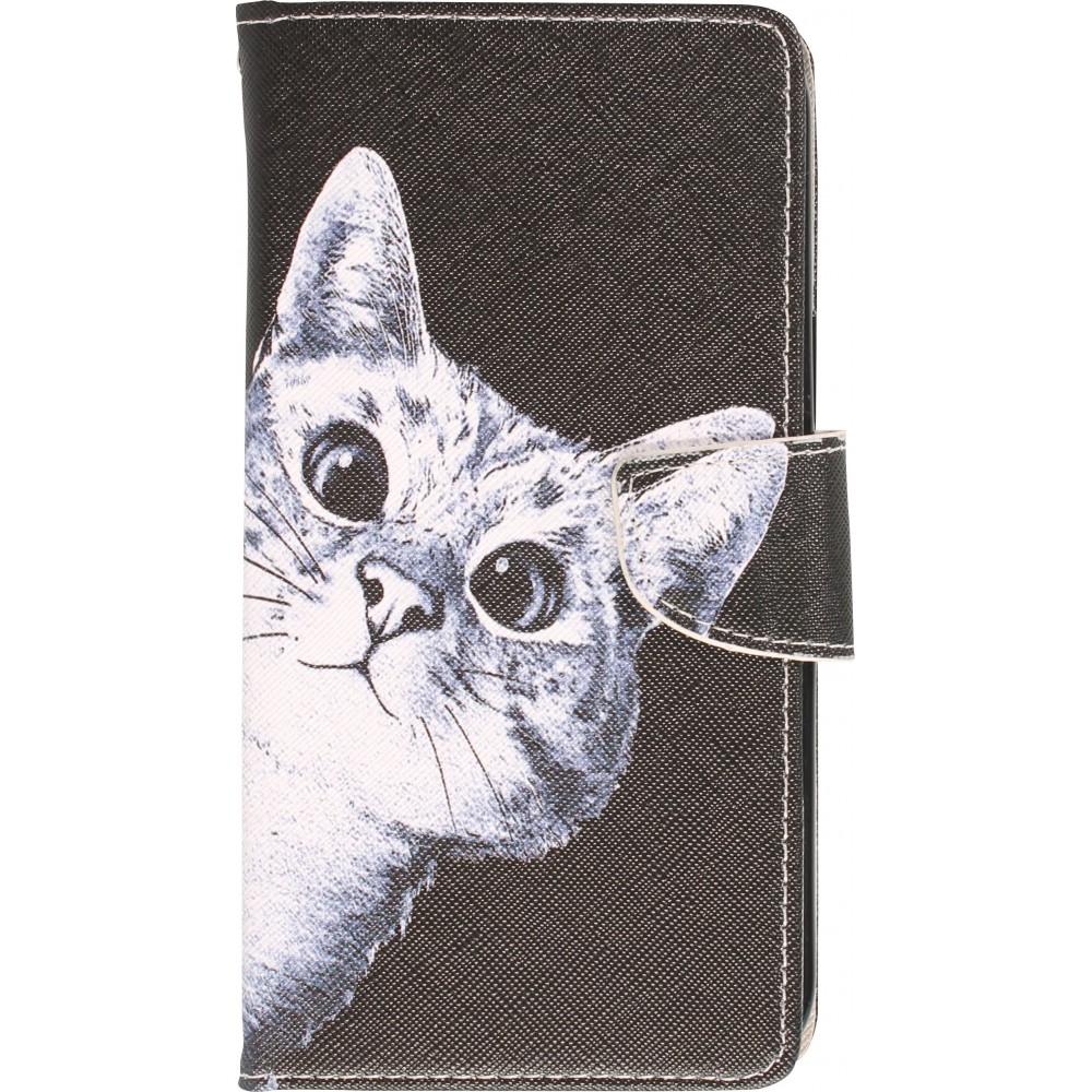 iPhone 12 / 12 Pro Case Hülle - Premium Wallet Flip-Magnetverschluss und Kartenfach - Cat Looking at you - Schwarz