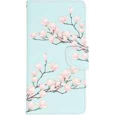 iPhone 12 / 12 Pro Case Hülle - Premium Wallet Flip-Magnetverschluss und Kartenfach - Sakura Baum - Hellblau