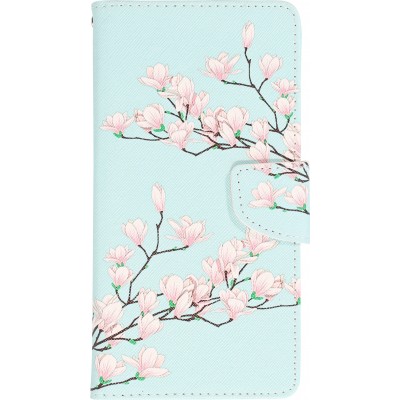 iPhone 12 / 12 Pro Case Hülle - Premium Wallet Flip-Magnetverschluss und Kartenfach - Sakura Baum - Hellblau