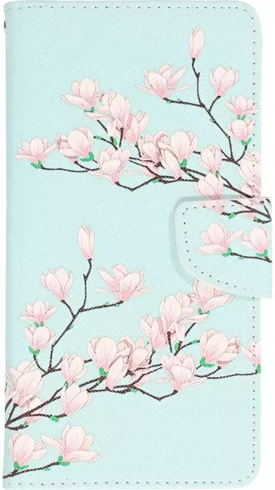 iPhone 13 Pro Max Case Hülle - Premium Wallet Flip-Magnetverschluss und Kartenfach - Sakura Baum - Hellblau
