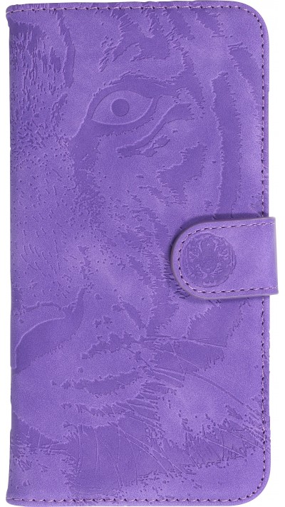 iPhone 15 Plus Case Hülle - 3D Flip Kunstleder Auge des Tigers - Violett