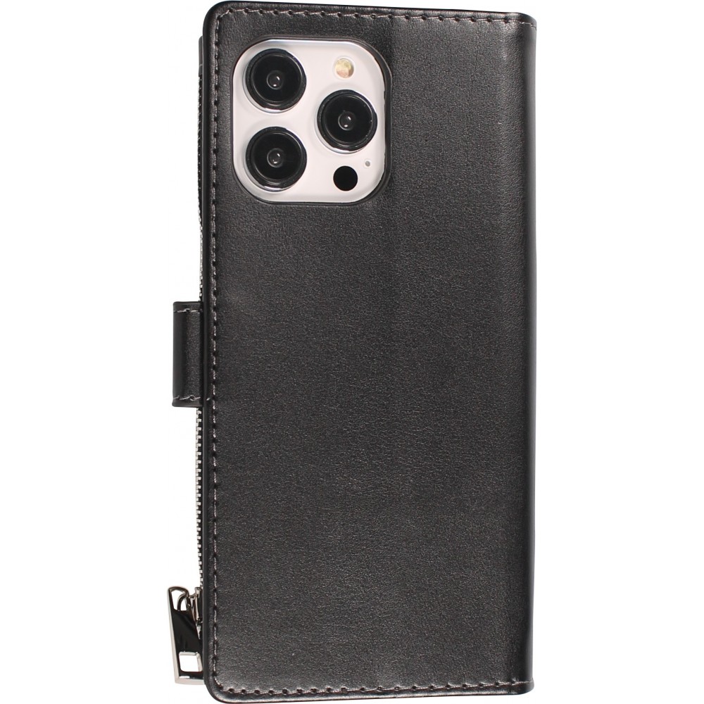 iPhone 15 Pro Case Hülle - Brieftaschen-Hülle luxuriös und raffiniert mit Magnet Verschluss & Münz- und Kartenfach  - Schwarz