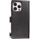 iPhone 15 Pro Case Hülle - Brieftaschen-Hülle luxuriös und raffiniert mit Magnet Verschluss & Münz- und Kartenfach  - Schwarz