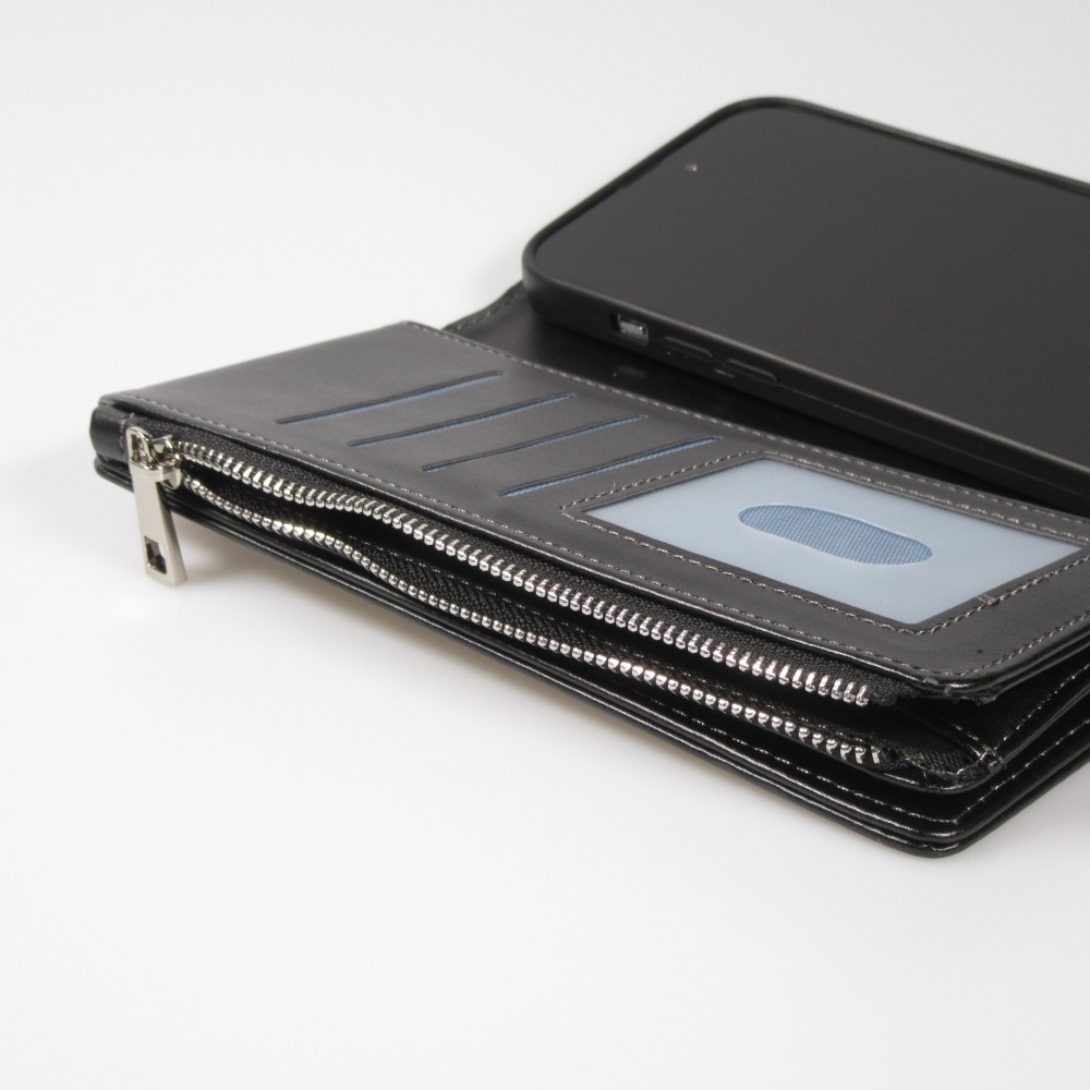 iPhone 15 Pro Case Hülle - Brieftaschen-Hülle luxuriös und raffiniert mit Magnet Verschluss & Münz- und Kartenfach  - Schwarz