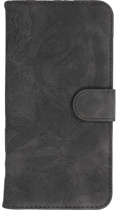 iPhone 15 Pro Max Case Hülle - 3D Flip Kunstleder Auge des Tigers - Schwarz