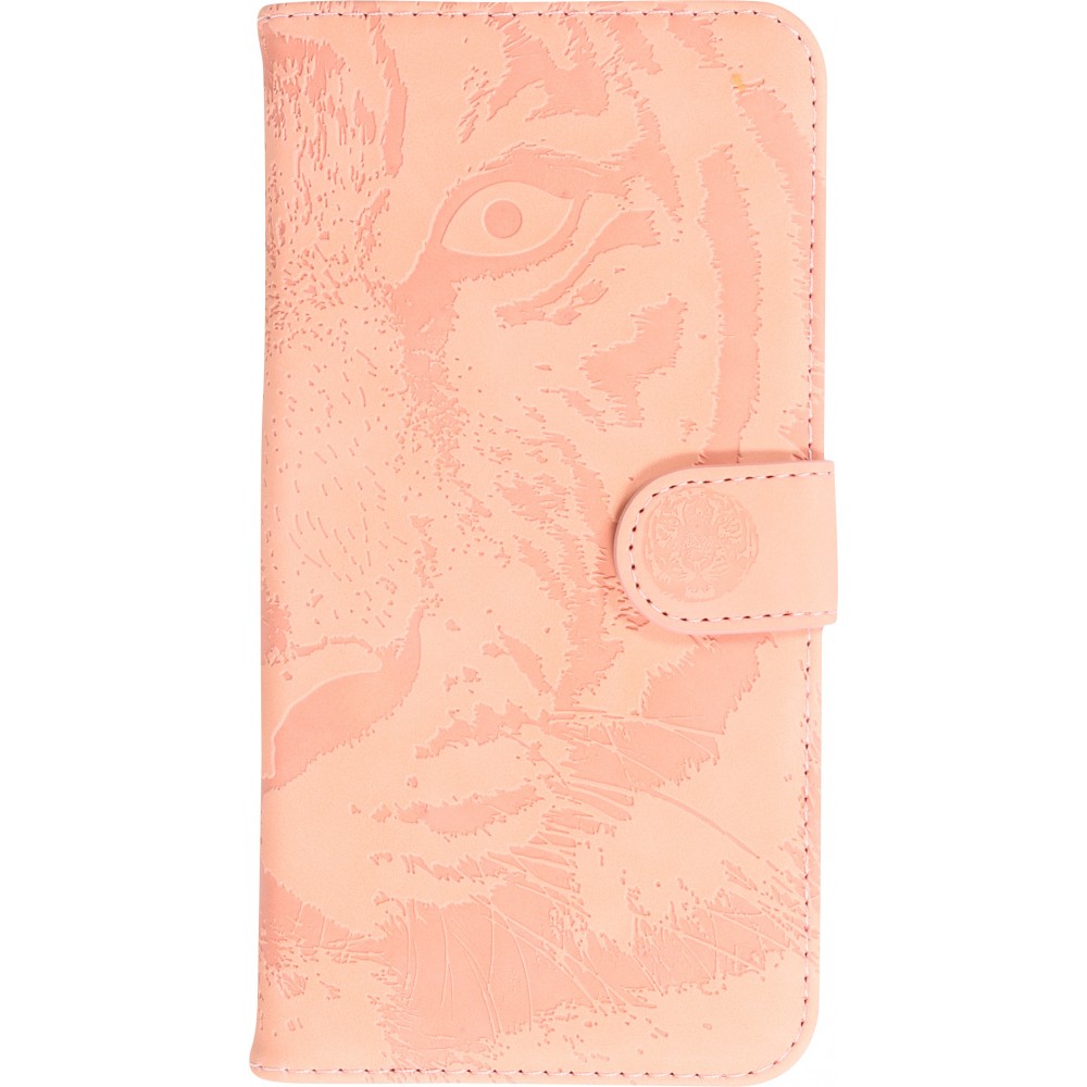 iPhone 15 Pro Case Hülle - 3D Flip Kunstleder Auge des Tigers - Rosa