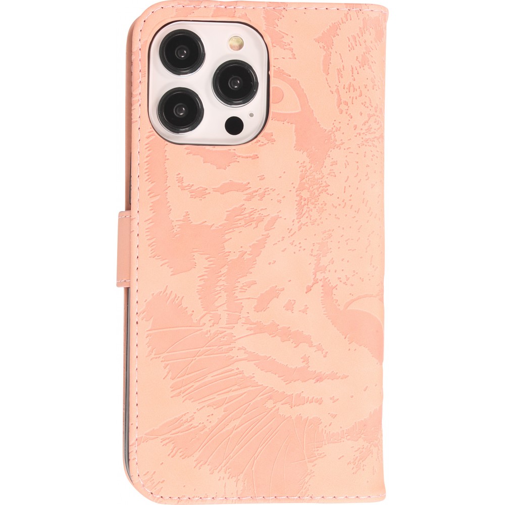 iPhone 15 Pro Case Hülle - 3D Flip Kunstleder Auge des Tigers - Rosa