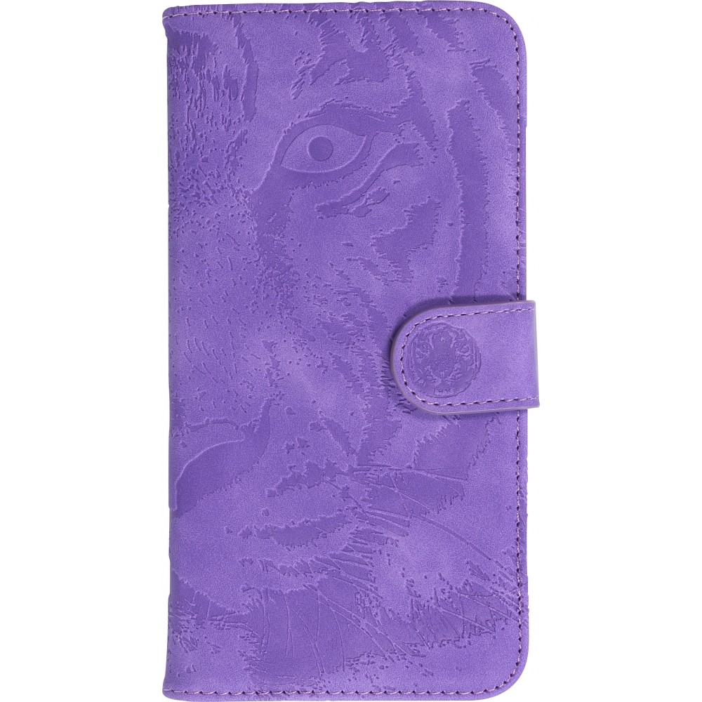 Fourre iPhone 15 Pro - Flip 3D en similicuir Oeil du tigre - Violet
