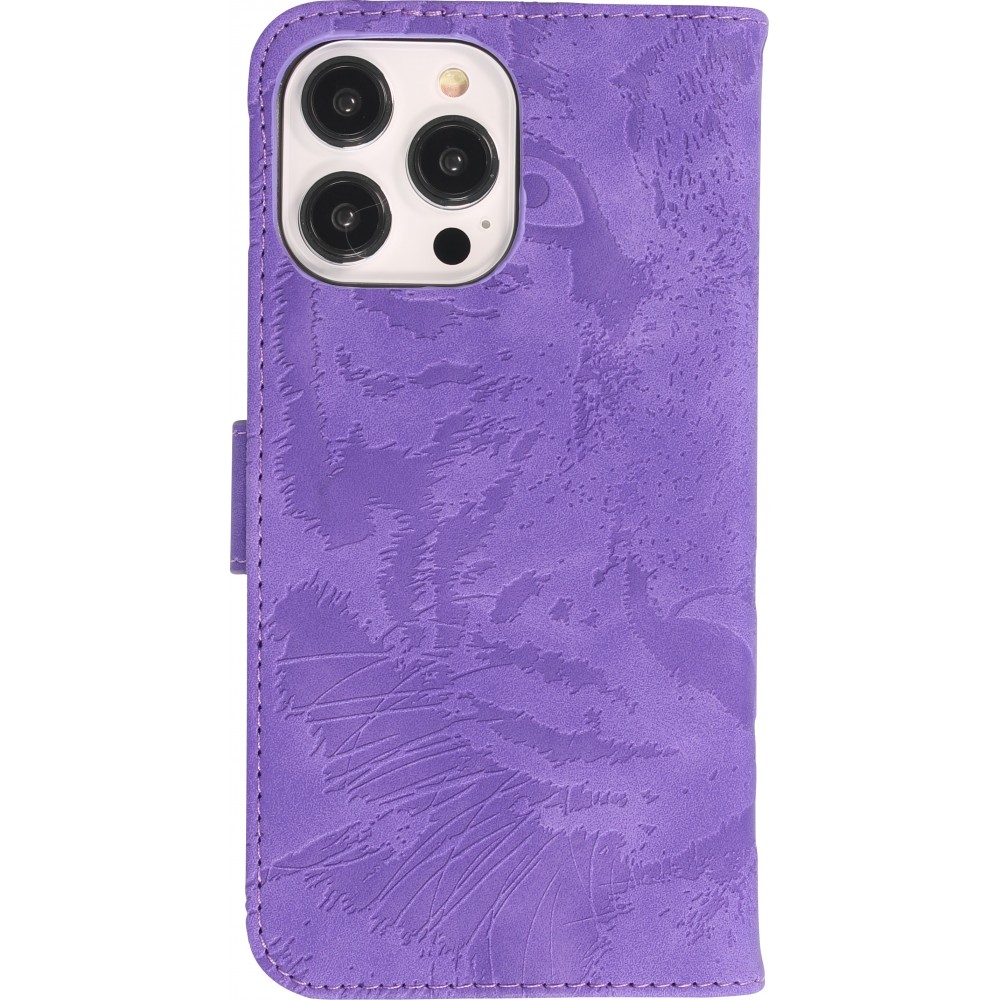 Fourre iPhone 15 Pro - Flip 3D en similicuir Oeil du tigre - Violet