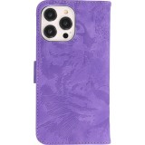 Fourre iPhone 15 Pro - Flip 3D en similicuir Oeil du tigre - Violet