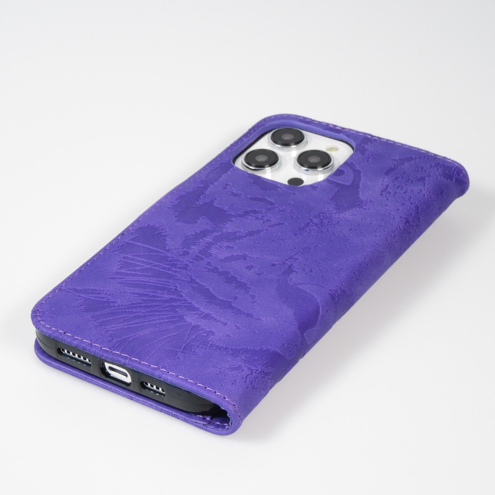 Fourre iPhone 15 Pro - Flip 3D en similicuir Oeil du tigre - Violet