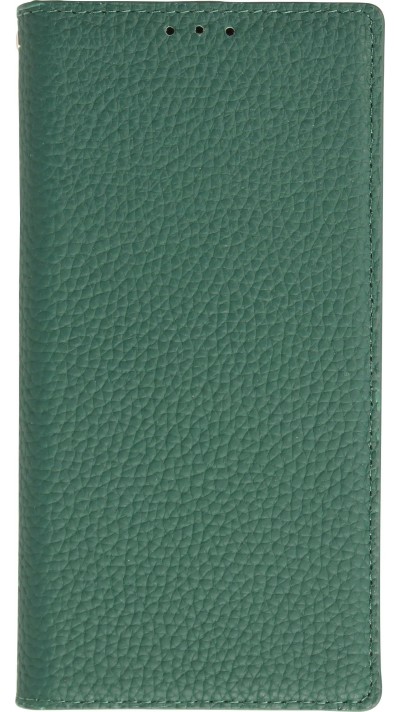 iPhone 15 Case Hülle - Flip 3D echtes genarbtes Rindsleder - Grün