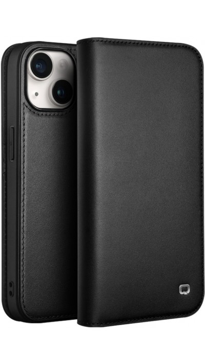 iPhone 15 Plus Case Hülle - Qialino Flip Echtleder - Mattschwarz