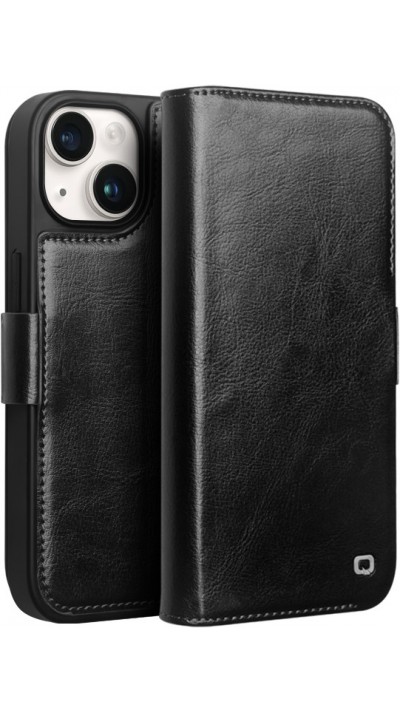 iPhone 14 Case Hülle - Flip Qialino Echtleder mit magnetischem Verschluss - Schwarz