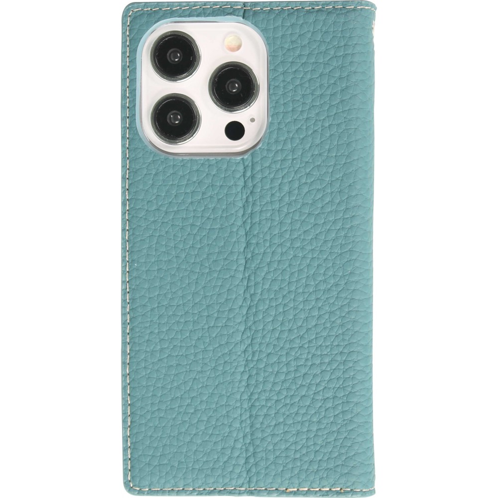 iPhone 15 Pro Case Hülle - Flip 3D echtes genarbtes Rindsleder - Blau