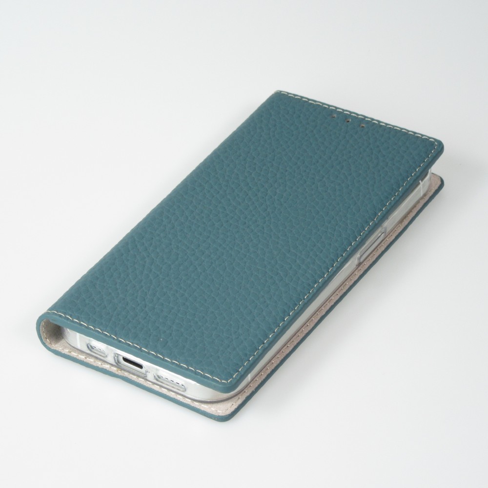 iPhone 15 Pro Case Hülle - Flip 3D echtes genarbtes Rindsleder - Blau