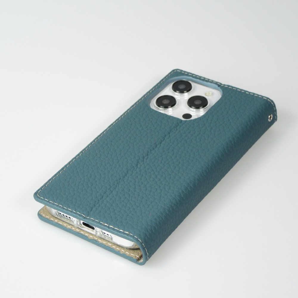iPhone 15 Pro Case Hülle - Flip 3D echtes genarbtes Rindsleder - Blau