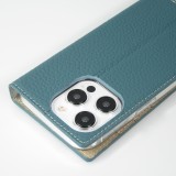 iPhone 15 Pro Case Hülle - Flip 3D echtes genarbtes Rindsleder - Blau