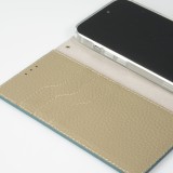 iPhone 15 Pro Case Hülle - Flip 3D echtes genarbtes Rindsleder - Blau