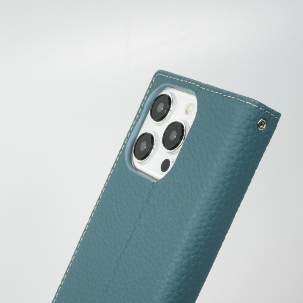 iPhone 15 Pro Case Hülle - Flip 3D echtes genarbtes Rindsleder - Blau