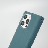 iPhone 15 Pro Case Hülle - Flip 3D echtes genarbtes Rindsleder - Blau