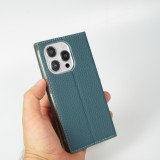 iPhone 15 Pro Case Hülle - Flip 3D echtes genarbtes Rindsleder - Blau
