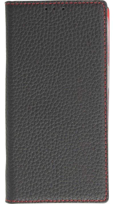 Fourre iPhone 15 Pro - Flip 3D cuir grainé véritable de vache - Noir/rouge