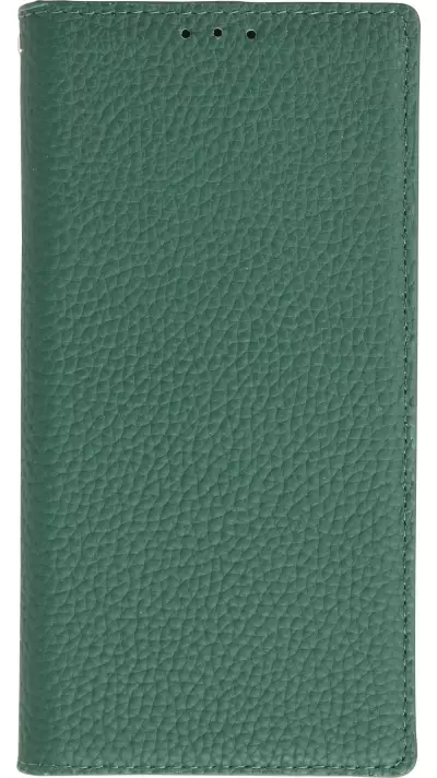 iPhone 15 Pro Max Case H&uuml;lle - Flip 3D echtes genarbtes Rindsleder - Gr&uuml;n