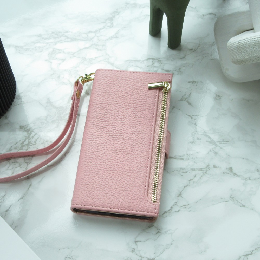 iPhone 15 Pro Case Hülle - Flip Wallet aus veganem Leder mit Brieftasche und Magnetverschluss - Violette