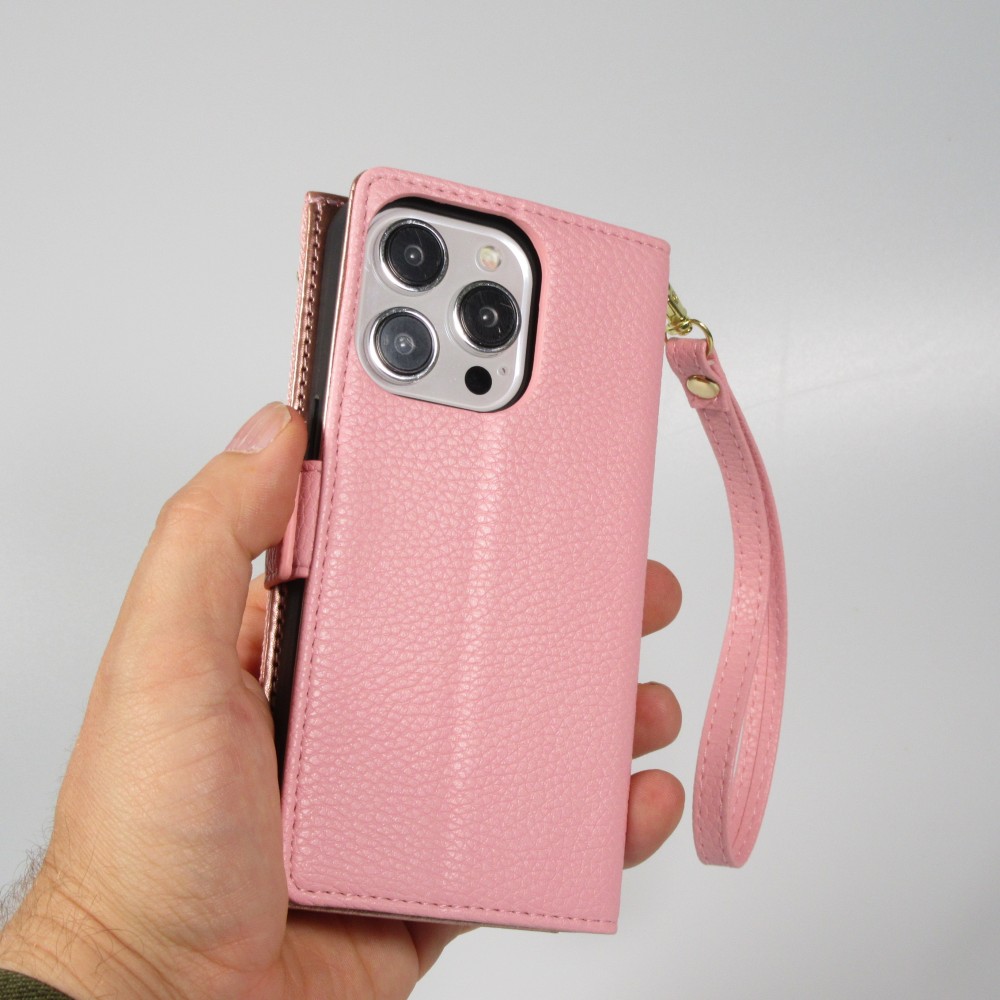 iPhone 15 Pro Case Hülle - Flip Wallet aus veganem Leder mit Brieftasche und Magnetverschluss - Violette