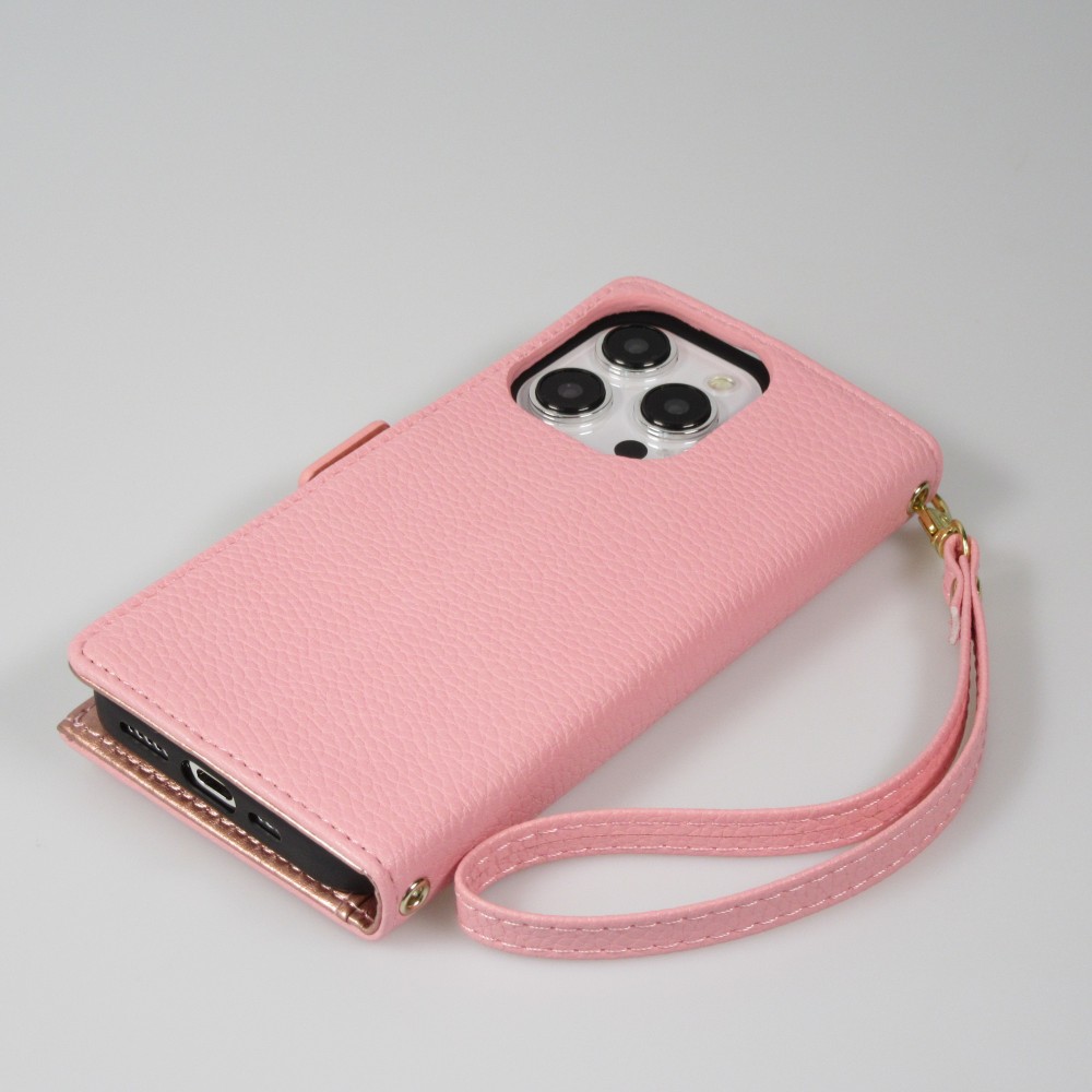 iPhone 15 Pro Case Hülle - Flip Wallet aus veganem Leder mit Brieftasche und Magnetverschluss - Violette