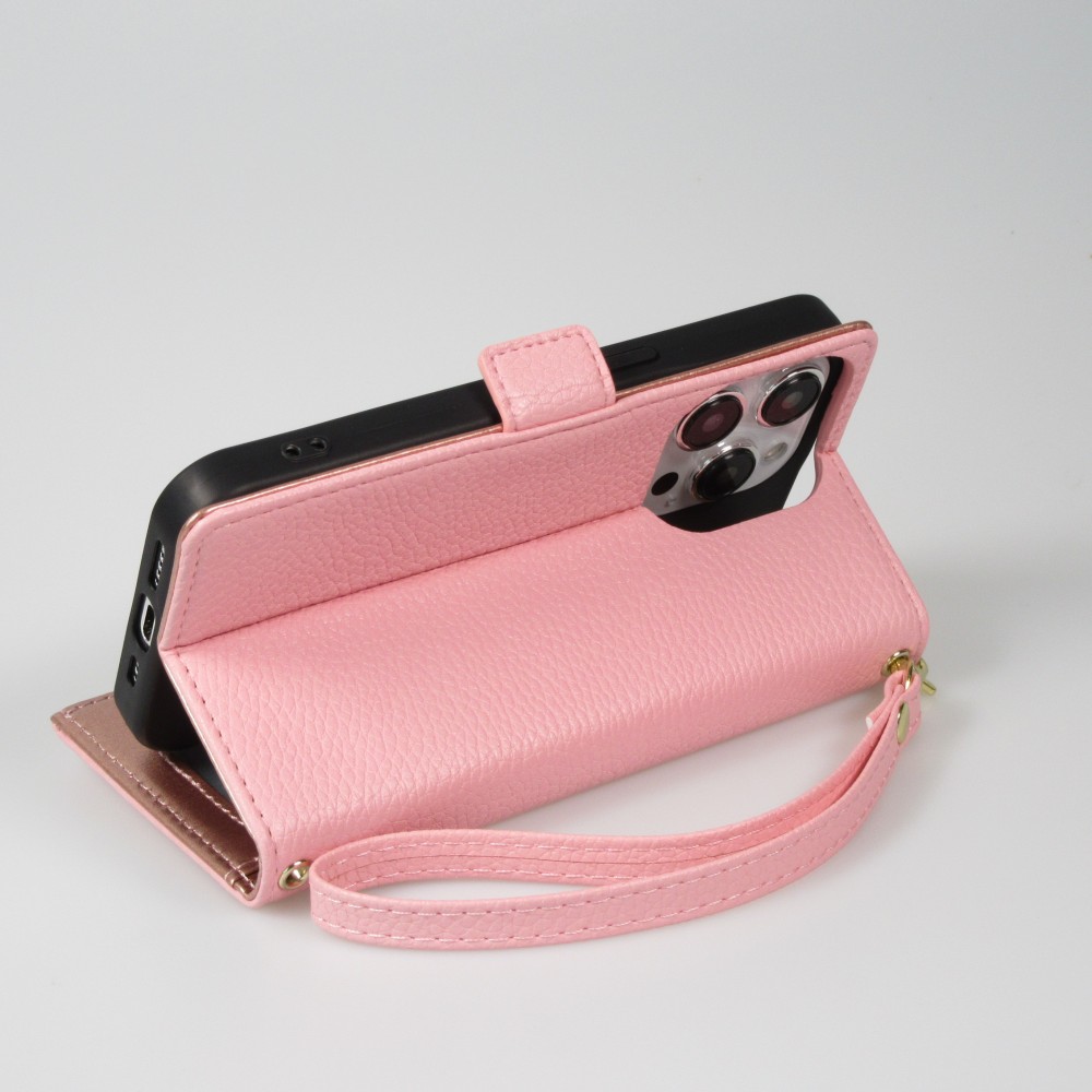 iPhone 15 Pro Case Hülle - Flip Wallet aus veganem Leder mit Brieftasche und Magnetverschluss - Violette