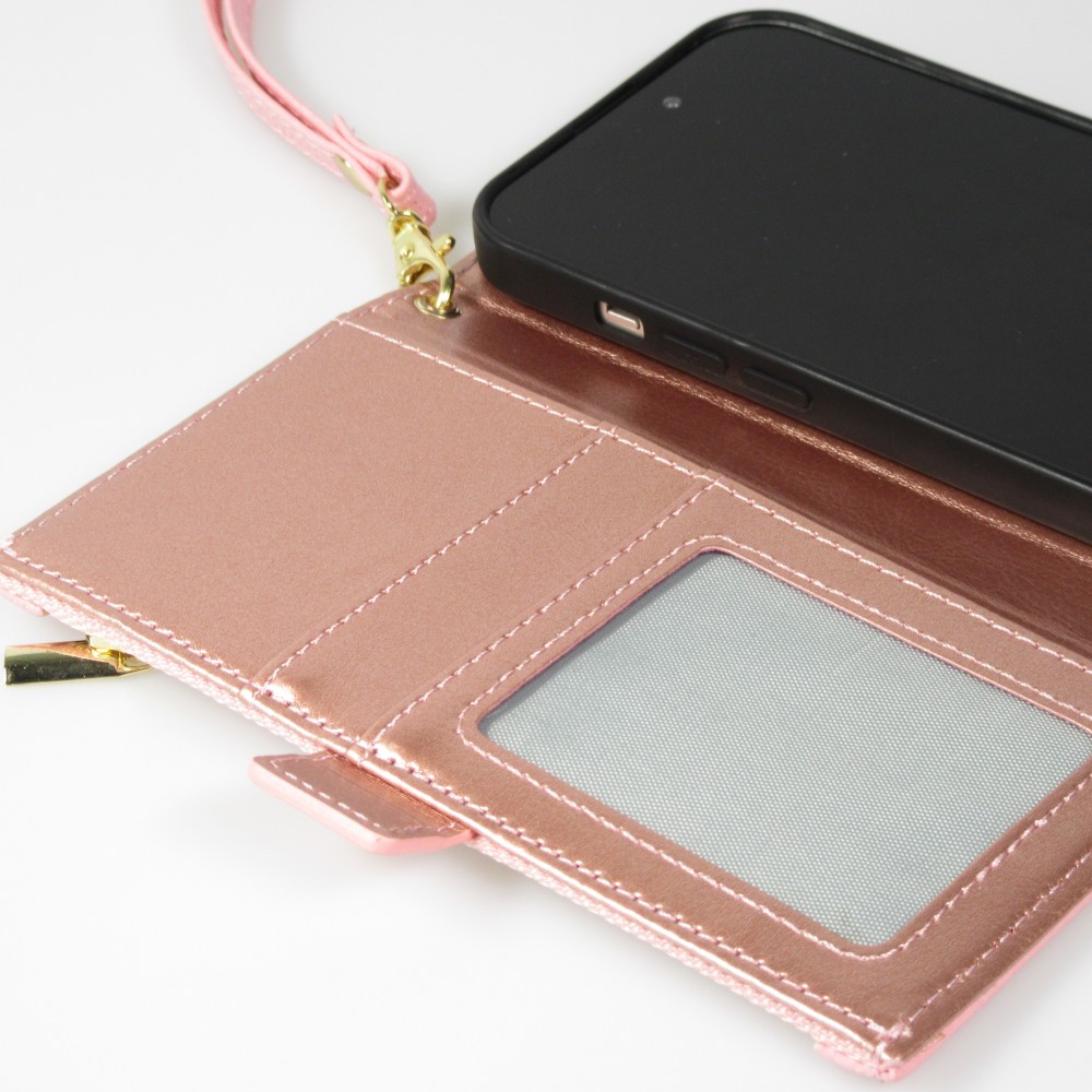 iPhone 15 Pro Case Hülle - Flip Wallet aus veganem Leder mit Brieftasche und Magnetverschluss - Violette